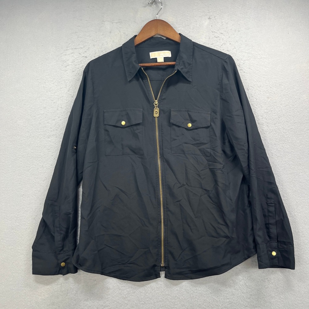 Michael Kors Jacket Womens XL Black Zip Up Roll Tab Sleeve Utility Lightweight